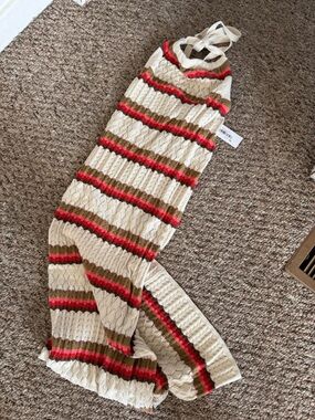 Cream Knit Scallop Stripe Sweater with Pink & Olive Accents